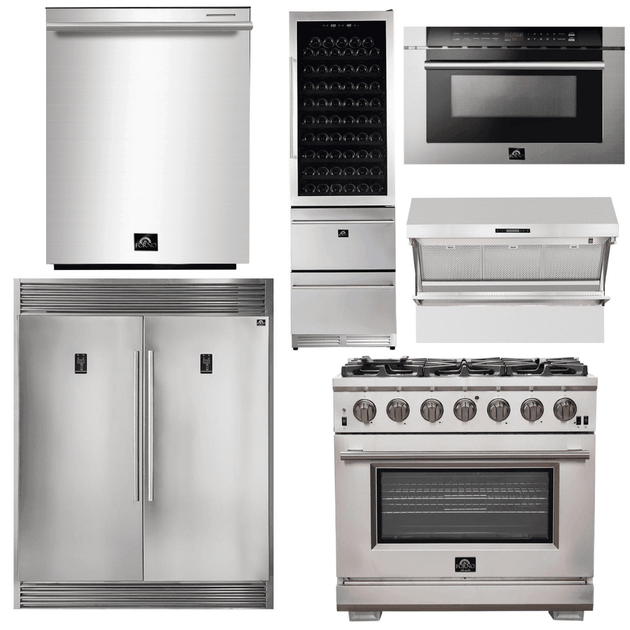 Forno Appliance Package - 36 Inch Pro Gas Range, Range Hood, Refrigerator, Microwave Drawer, Dishwasher, Wine Cooler, AP-FFSGS6260-36-9 - ShopHubDepot