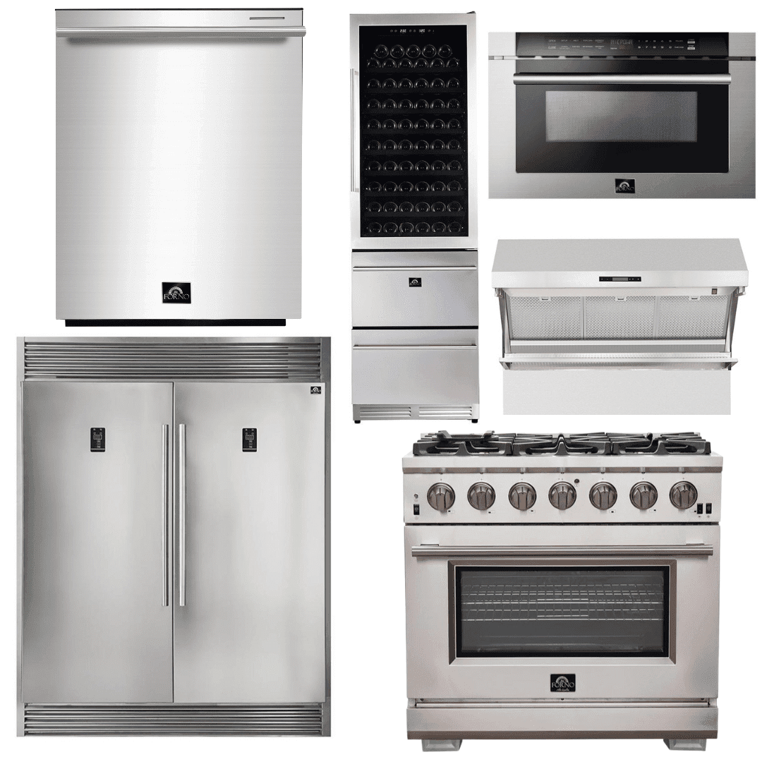 Forno Appliance Package - 36 Inch Pro Gas Range, Range Hood, Refrigerator, Microwave Drawer, Dishwasher, Wine Cooler, AP-FFSGS6260-36-9 - ShopHubDepot