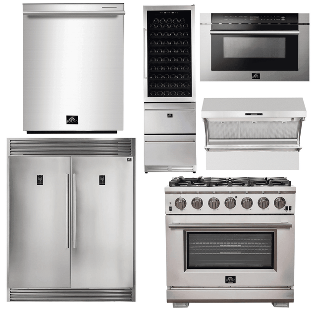Forno Appliance Package - 36 Inch Pro Gas Range, Range Hood, Refrigerator, Microwave Drawer, Dishwasher, Wine Cooler, AP-FFSGS6260-36-9 - ShopHubDepot