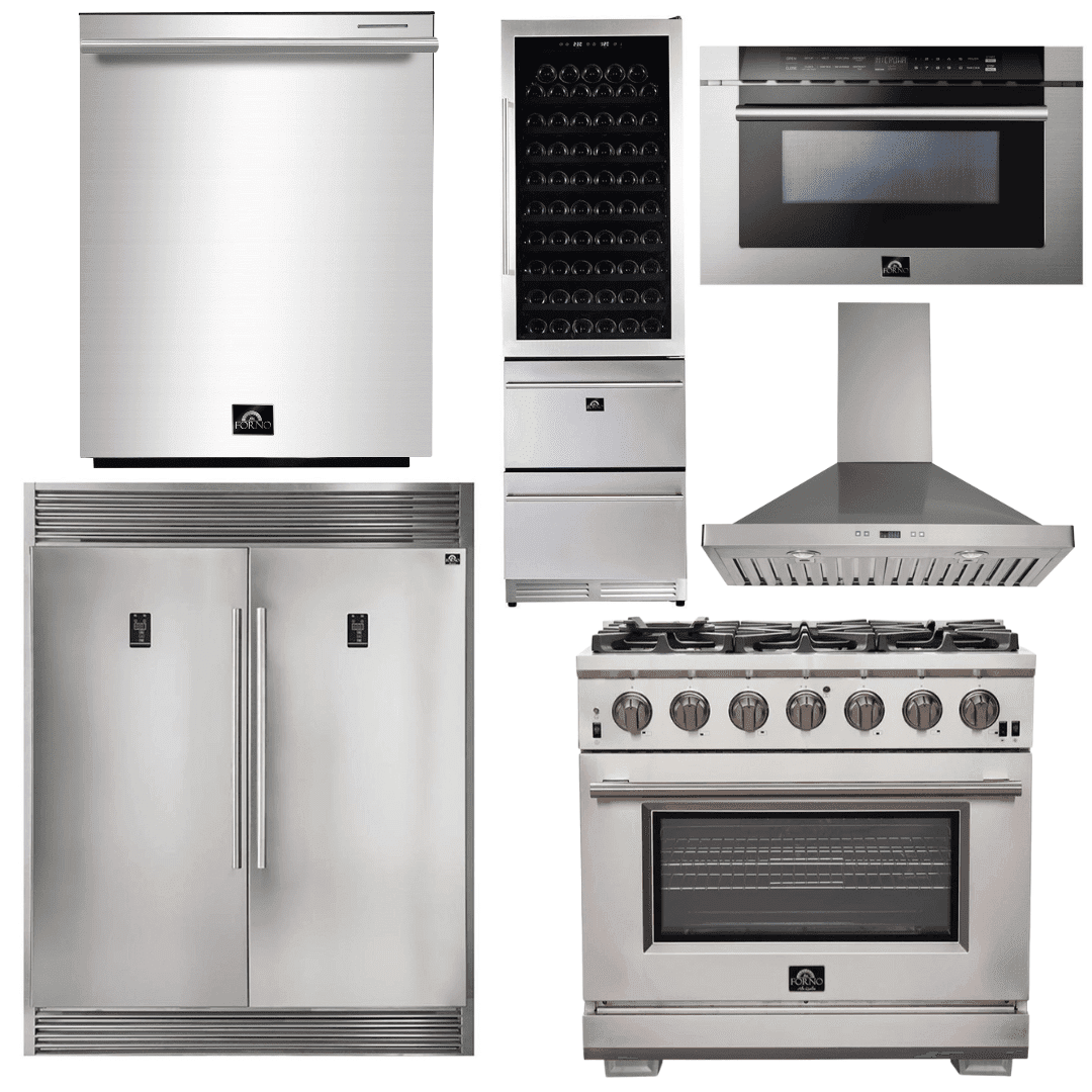 Forno Appliance Package - 36 Inch Pro Gas Range, Range Hood, Refrigerator, Microwave Drawer, Dishwasher, Wine Cooler, AP-FFSGS6260-36-W-9 - ShopHubDepot