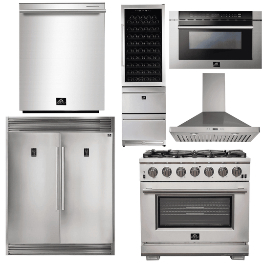 Forno Appliance Package - 36 Inch Pro Gas Range, Range Hood, Refrigerator, Microwave Drawer, Dishwasher, Wine Cooler, AP-FFSGS6260-36-W-9 - ShopHubDepot