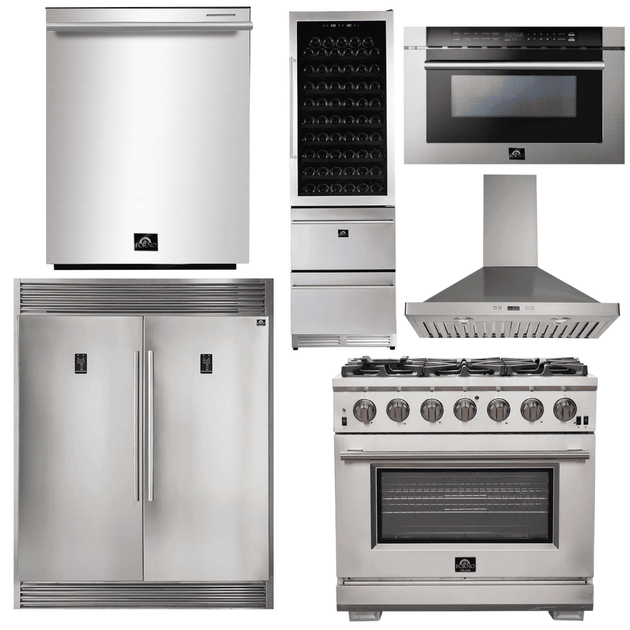 Forno Appliance Package - 36 Inch Pro Gas Range, Range Hood, Refrigerator, Microwave Drawer, Dishwasher, Wine Cooler, AP-FFSGS6260-36-W-9 - ShopHubDepot