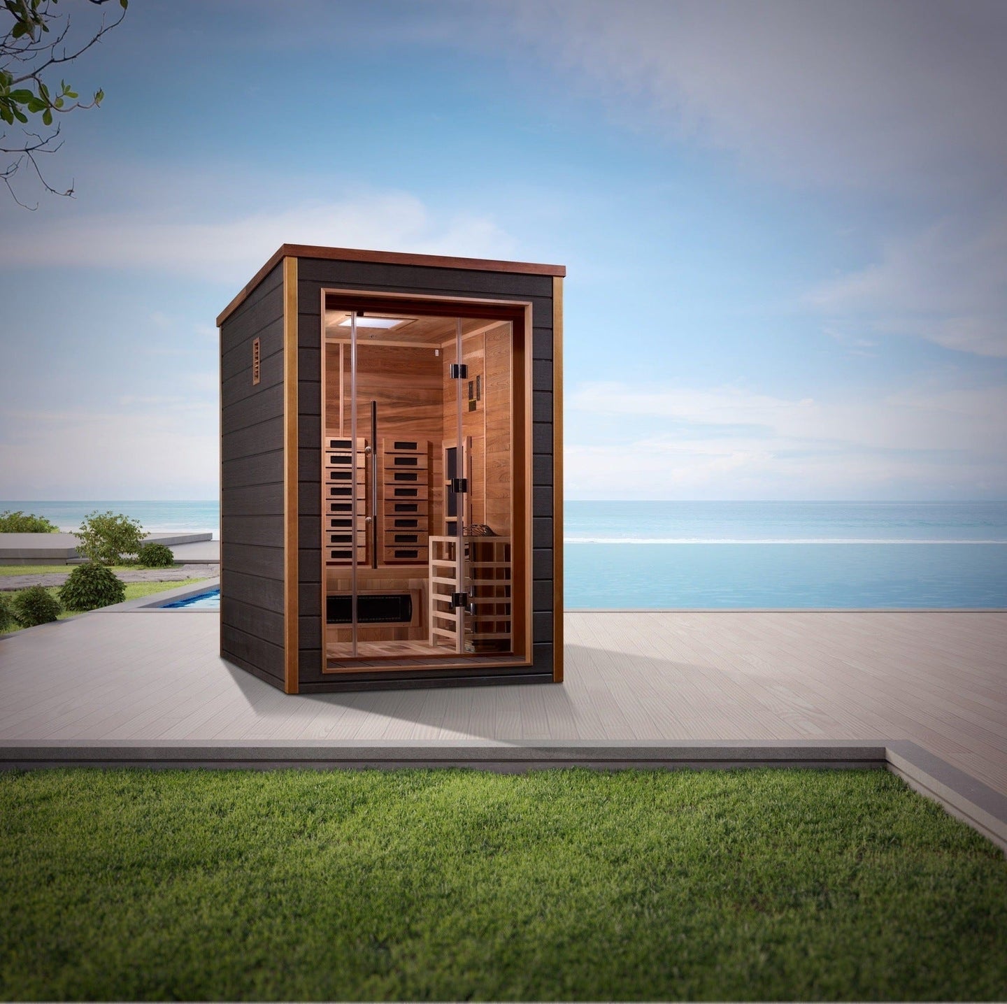 Golden Designs Nora 2 Person Outdoor-Indoor PureTech™ Hybrid Full Spectrum Sauna - Canadian Red Cedar Interior GDI-8222-01