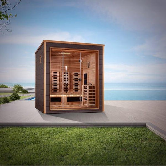 Golden Designs Visby 3 Person Outdoor-Indoor PureTech™ Hybrid Full Spectrum Sauna - Canadian Red Cedar Interior GDI-8223-01 - ShopHubDepot