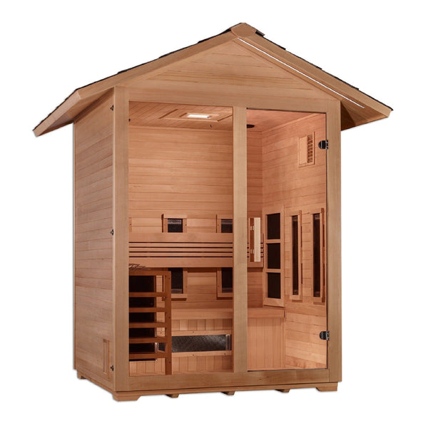 Golden Designs "Carinthia" 3 Person Hybrid (PureTech™ Full Spectrum IR or Traditional Stove) Outdoor Sauna - Canadian Hemlock - GDI-8123-01 - ShopHubDepot