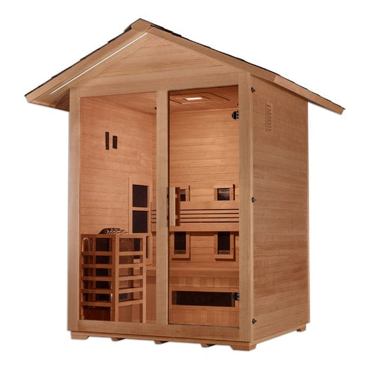 Golden Designs "Carinthia" 3 Person Hybrid (PureTech™ Full Spectrum IR or Traditional Stove) Outdoor Sauna - Canadian Hemlock - GDI-8123-01 - ShopHubDepot