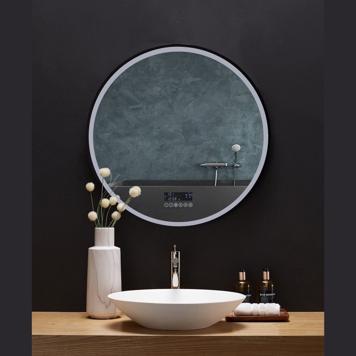 Ancerre Cirque Round LED Lighted Bathroom Vanity Black Framed Mirror - LEDM-CIRQUE-24 - ShopHubDepot