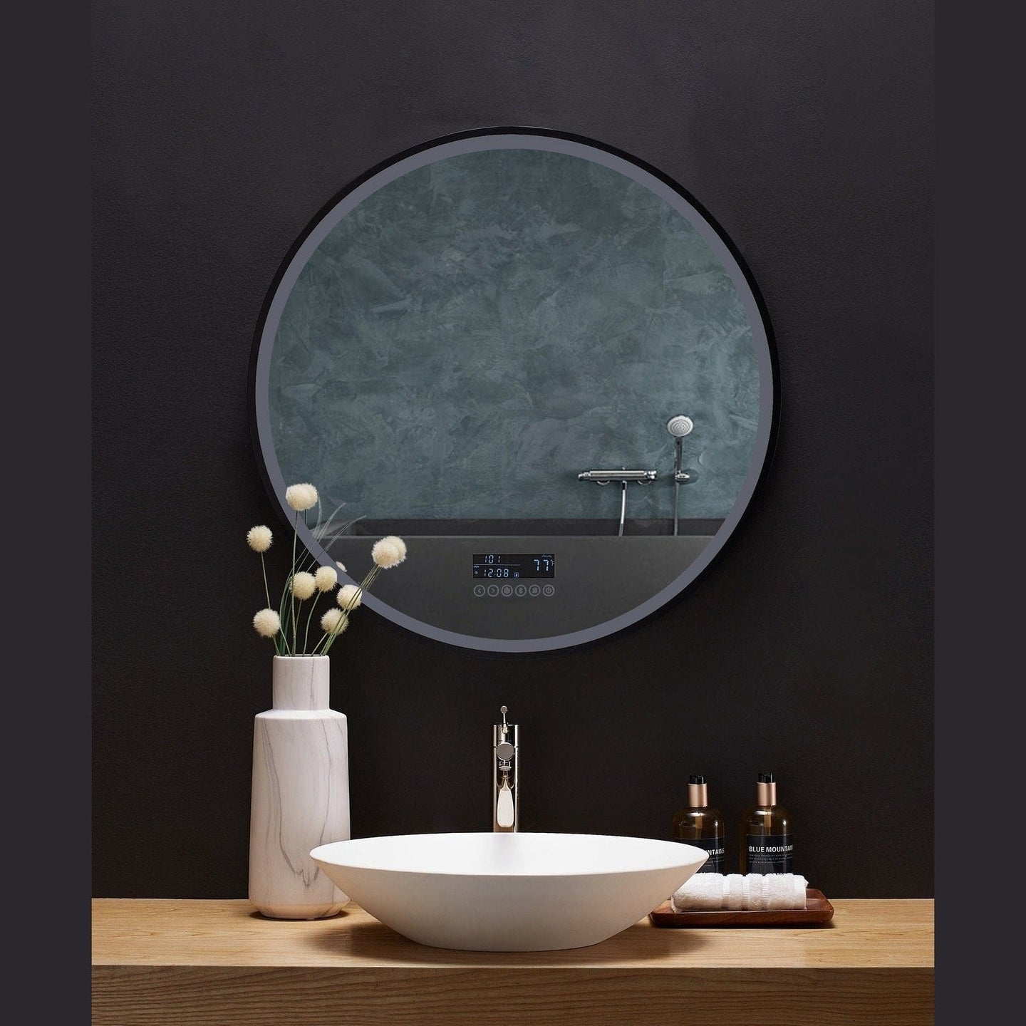 Ancerre Cirque Round LED Lighted Bathroom Vanity Black Framed Mirror - LEDM-CIRQUE-24 - ShopHubDepot