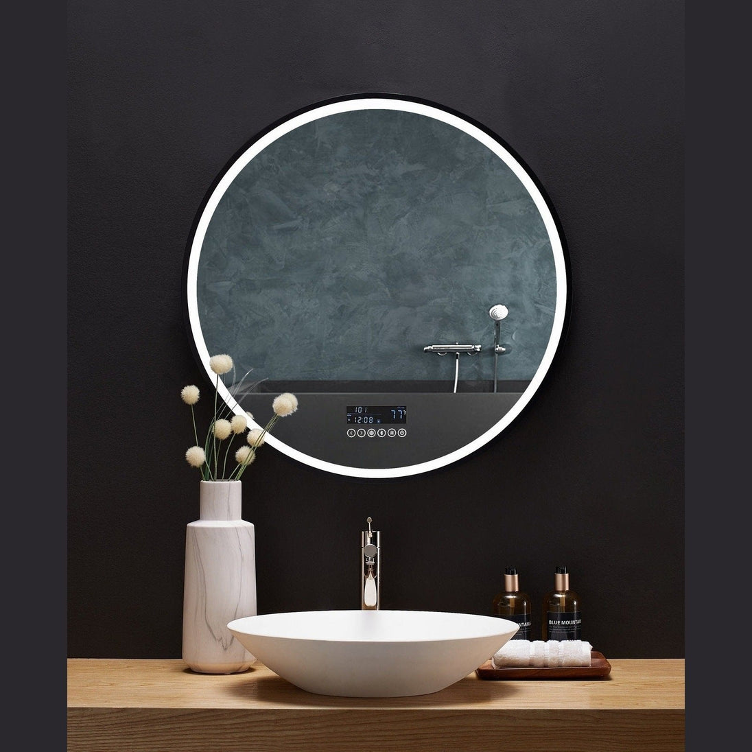 Ancerre Cirque Round LED Lighted Bathroom Vanity Black Framed Mirror - LEDM-CIRQUE-24 - ShopHubDepot