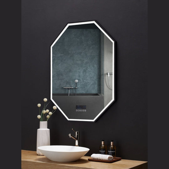 Ancerre Otto LED Octagon Black Framed Lighted Bathroom Vanity Mirror with Bluetooth and Digital Display - LEDM-OTTO-24 - ShopHubDepot