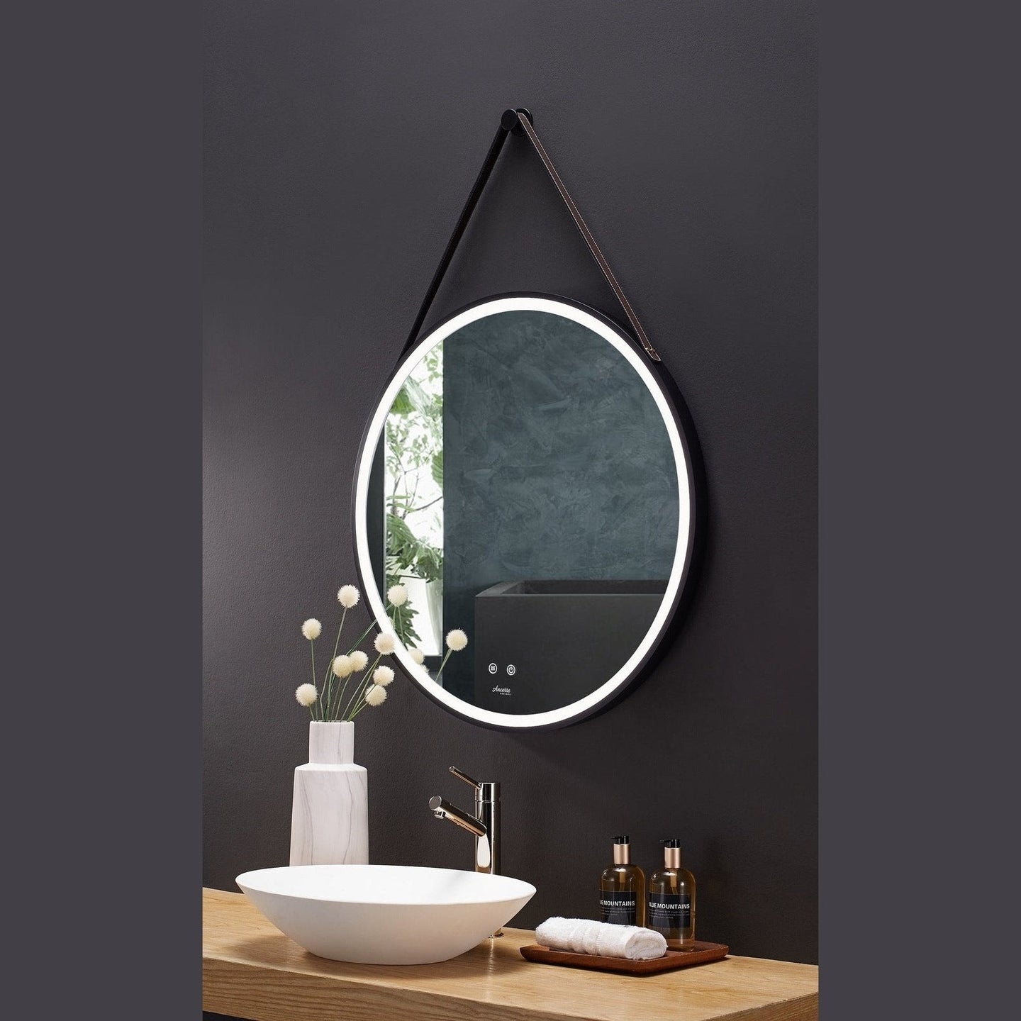 Ancerre Sangle Round LED Mirror Black Framed Lighted Bathroom Vanity Mirror and Vegan Leather Strap - LEDM-SANGLE-24 - ShopHubDepot