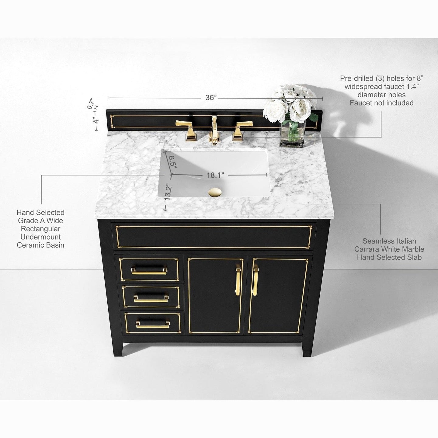 Ancerre Aspen Bathroom Vanity with Sink and Carrara White Marble Top Cabinet Set - VTS-ASPEN-36-W-CW - ShopHubDepot