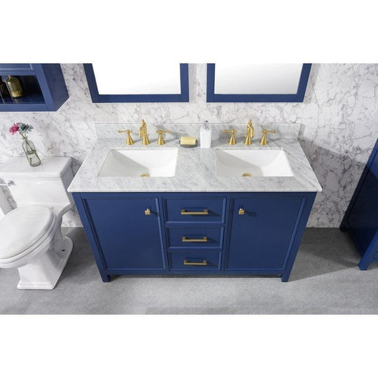 Legion Furniture WLF2154-B 54 Inch Blue Finish Double Sink Vanity Cabinet with Carrara White Top - ShopHubDepot