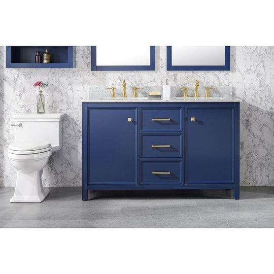 Legion Furniture WLF2154-B 54 Inch Blue Finish Double Sink Vanity Cabinet with Carrara White Top - ShopHubDepot