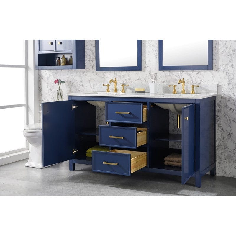 Legion Furniture WLF2160D-B 60 Inch Blue Finish Double Sink Vanity Cabinet with Carrara White Top - ShopHubDepot