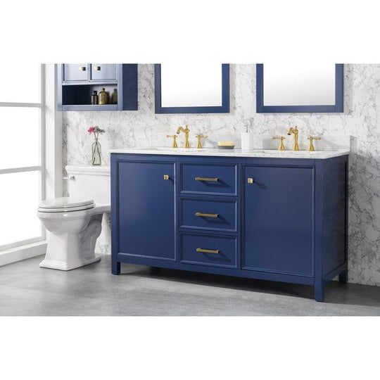 Legion Furniture WLF2160D-B 60 Inch Blue Finish Double Sink Vanity Cabinet with Carrara White Top - ShopHubDepot