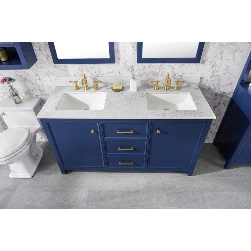 Legion Furniture WLF2160D-B 60 Inch Blue Finish Double Sink Vanity Cabinet with Carrara White Top - ShopHubDepot