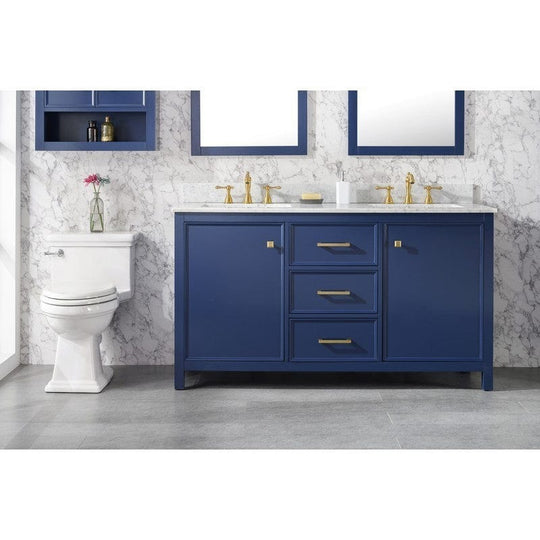 Legion Furniture WLF2160D-B 60 Inch Blue Finish Double Sink Vanity Cabinet with Carrara White Top - ShopHubDepot