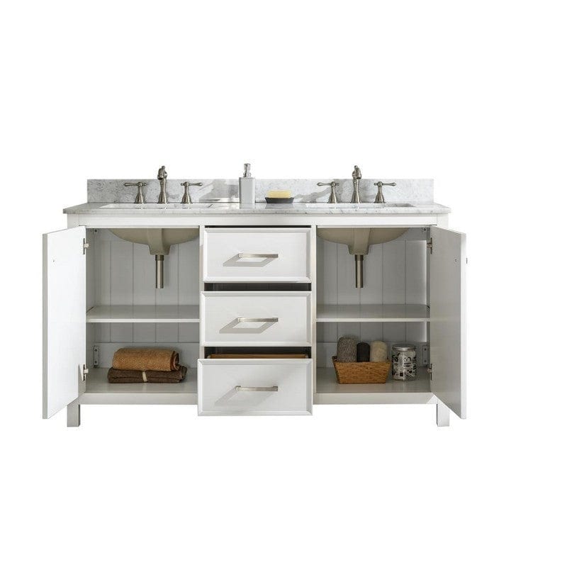 Legion Furniture WLF2160D-W 60 Inch White Finish Double Sink Vanity Cabinet with Carrara White Top - ShopHubDepot