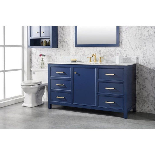 Legion Furniture WLF2160S-B 60 Inch Blue Finish Single Sink Vanity Cabinet with Carrara White Top - ShopHubDepot