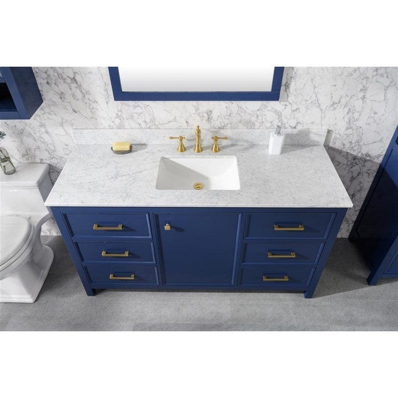 Legion Furniture WLF2160S-B 60 Inch Blue Finish Single Sink Vanity Cabinet with Carrara White Top - ShopHubDepot