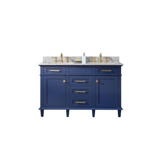 Legion Furniture WLF2254-B 54 Inch Blue Finish Double Sink Vanity Cabinet with Carrara White Top - ShopHubDepot