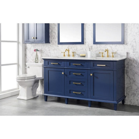 Legion Furniture WLF2260D-B 60 Inch Blue Finish Double Sink Vanity Cabinet with Carrara White Top - ShopHubDepot