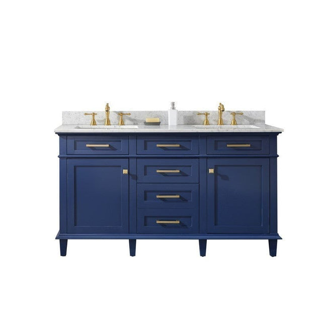 Legion Furniture WLF2260D-B 60 Inch Blue Finish Double Sink Vanity Cabinet with Carrara White Top - ShopHubDepot