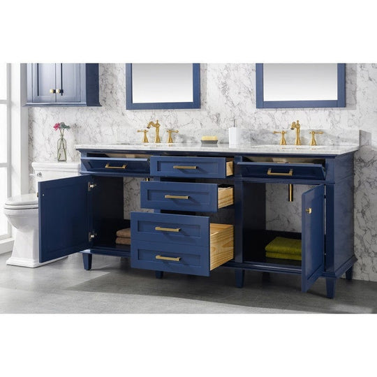 Legion Furniture WLF2272-B 72 Inch Blue Double Single Sink Vanity Cabinet with Carrara White Top - ShopHubDepot