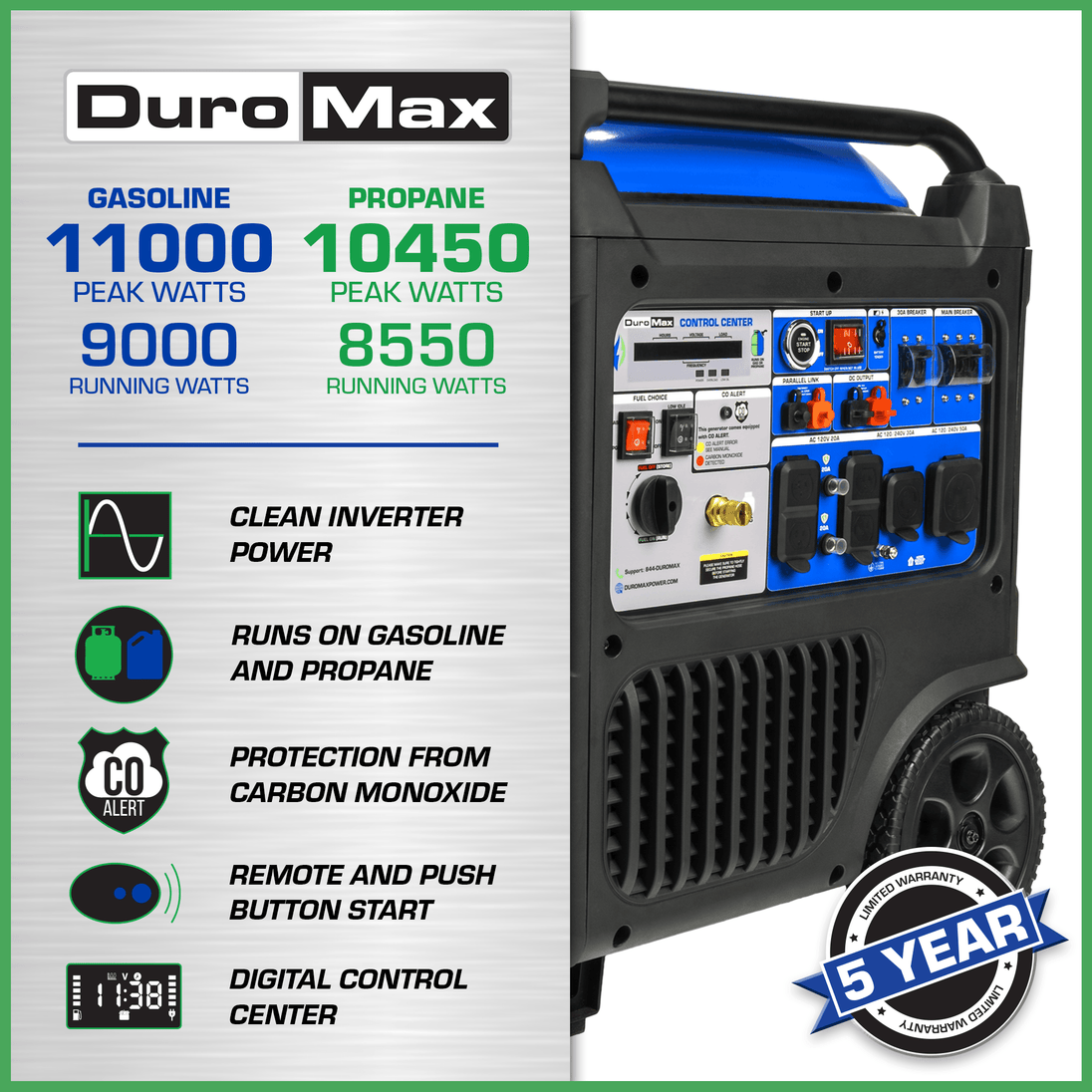 DuroMax XP11000iH 11,000 Watt Portable Dual Fuel Inverter Generator w/ CO Alert - ShopHubDepot
