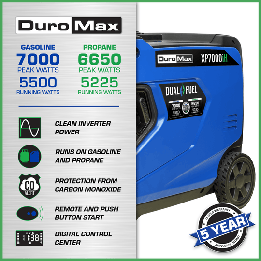 DuroMax XP7000iH 7,000 Watt Portable Dual Fuel Inverter Generator w/ CO Alert - ShopHubDepot