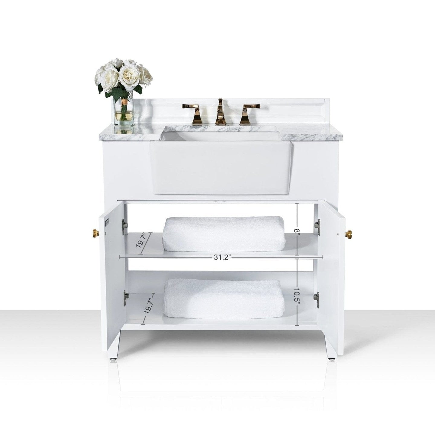 Ancerre Adeline Bathroom Vanity with Farmhouse Sink and Carrara White Marble Top Cabinet Set - VTS-ADELINE-36-W-CW-GD - ShopHubDepot