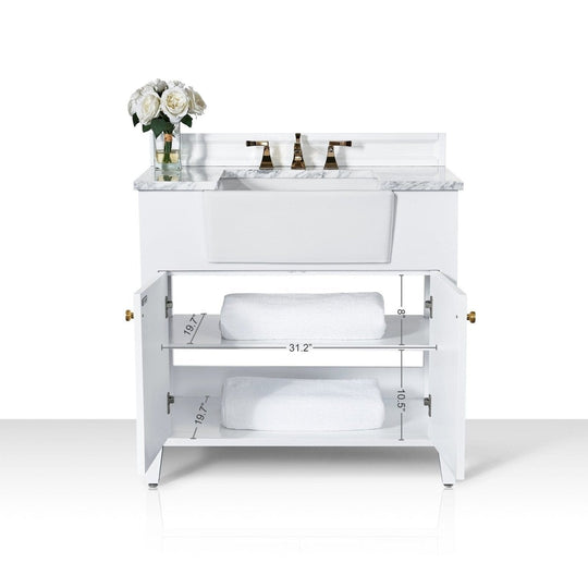 Ancerre Adeline Bathroom Vanity with Farmhouse Sink and Carrara White Marble Top Cabinet Set - VTS-ADELINE-36-W-CW-GD - ShopHubDepot