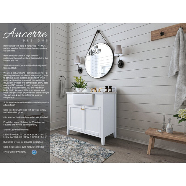 Ancerre Adeline Bathroom Vanity with Farmhouse Sink and Carrara White Marble Top Cabinet Set - VTS-ADELINE-36-W-CW-GD - ShopHubDepot