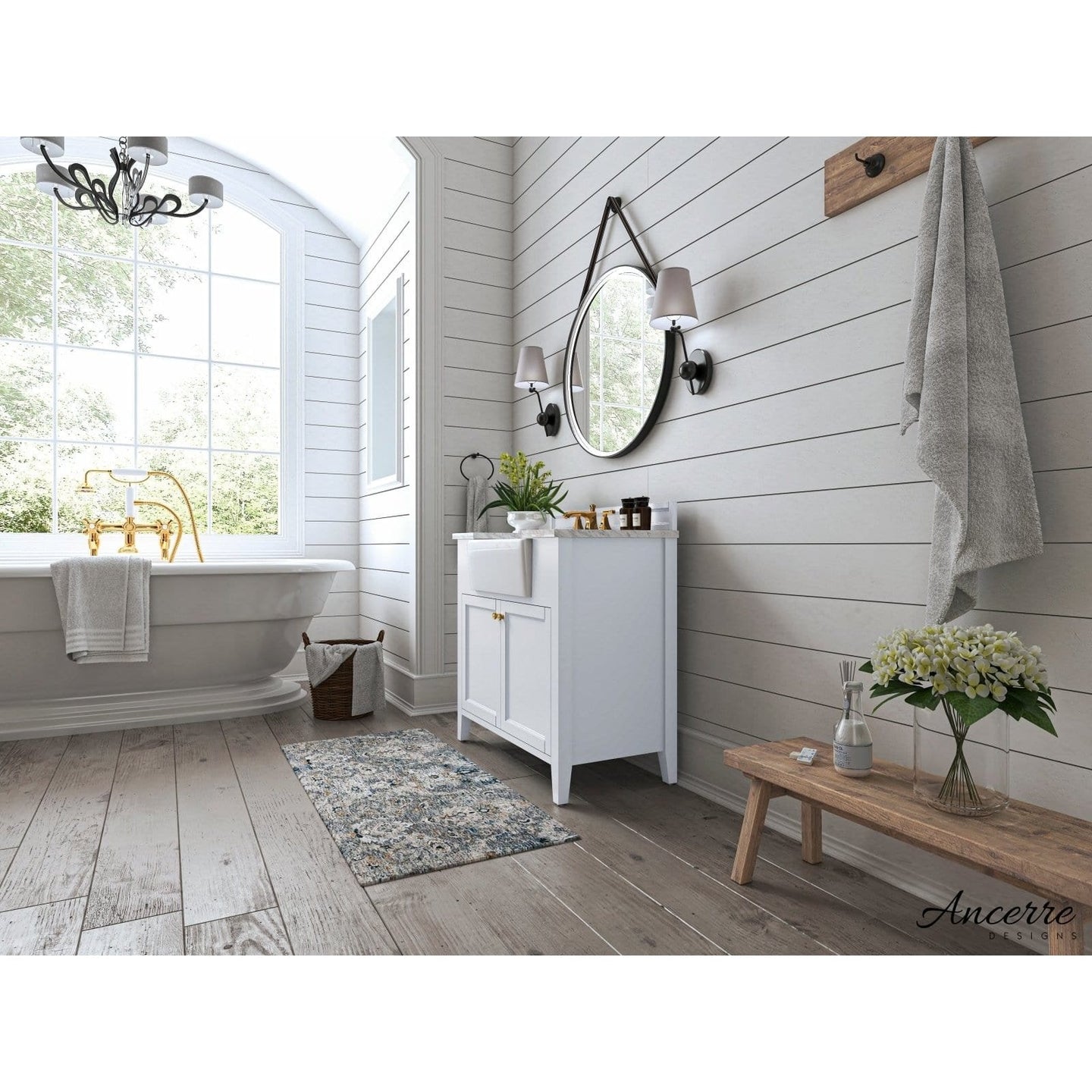 Ancerre Adeline Bathroom Vanity with Farmhouse Sink and Carrara White Marble Top Cabinet Set - VTS-ADELINE-36-W-CW-GD - ShopHubDepot