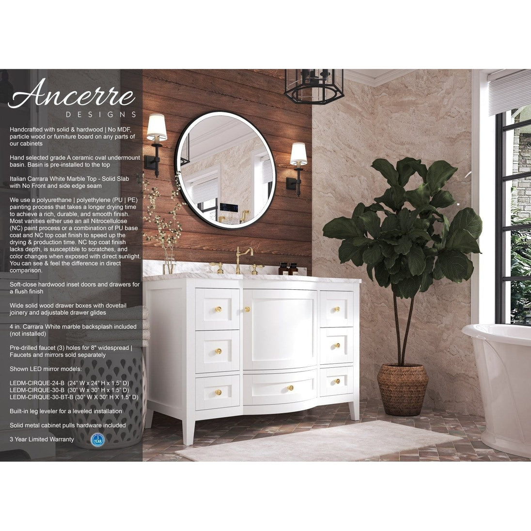 Ancerre Lauren Bathroom Vanity with Sink and Carrara White Marble Top Cabinet Set - VTS-LAUREN-48-W-CW - ShopHubDepot