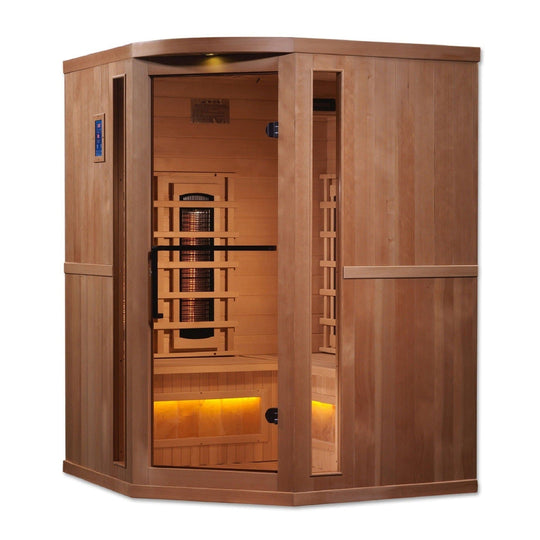 Golden Designs 3-Person Corner Full Spectrum PureTech™ Near Zero EMF Infrared Sauna with Himalayan Salt Bar