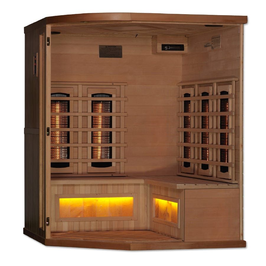 Golden Designs 3-Person Corner Full Spectrum PureTech™ Near Zero EMF Infrared Sauna with Himalayan Salt Bar