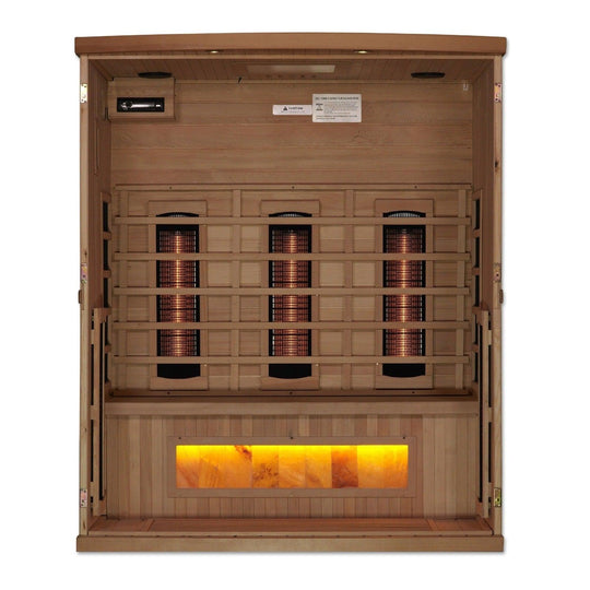 Golden Designs 3-Person Full Spectrum PureTech™ Near Zero EMF Infrared Sauna with Himalayan Salt Bar - ShopHubDepot