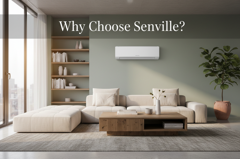 make me a cover photo that fits this page for that says Why Choose Senville? and a photo in a living room with a mini split