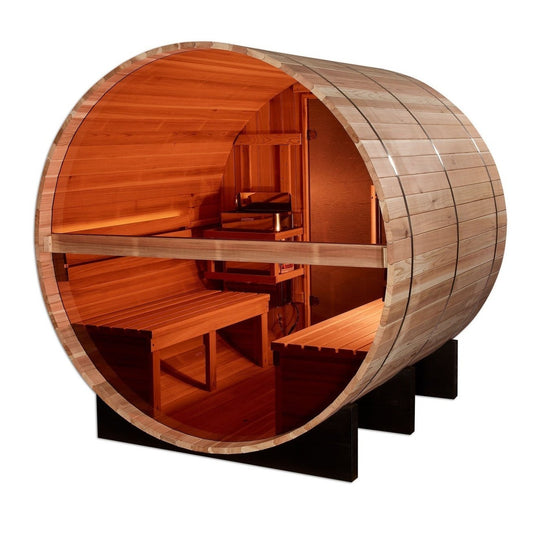 Golden Designs "Zurich" 4 Person Barrel with Bronze Privacy View - Traditional Sauna - Pacific Cedar - ShopHubDepot