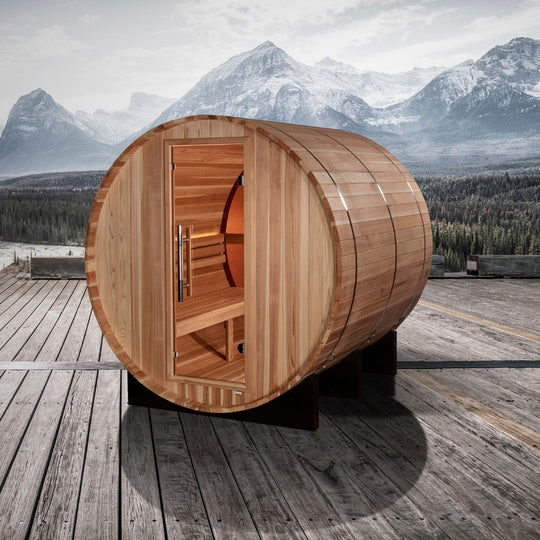 Golden Designs "Zurich" 4 Person Barrel with Bronze Privacy View - Traditional Sauna - Pacific Cedar - ShopHubDepot