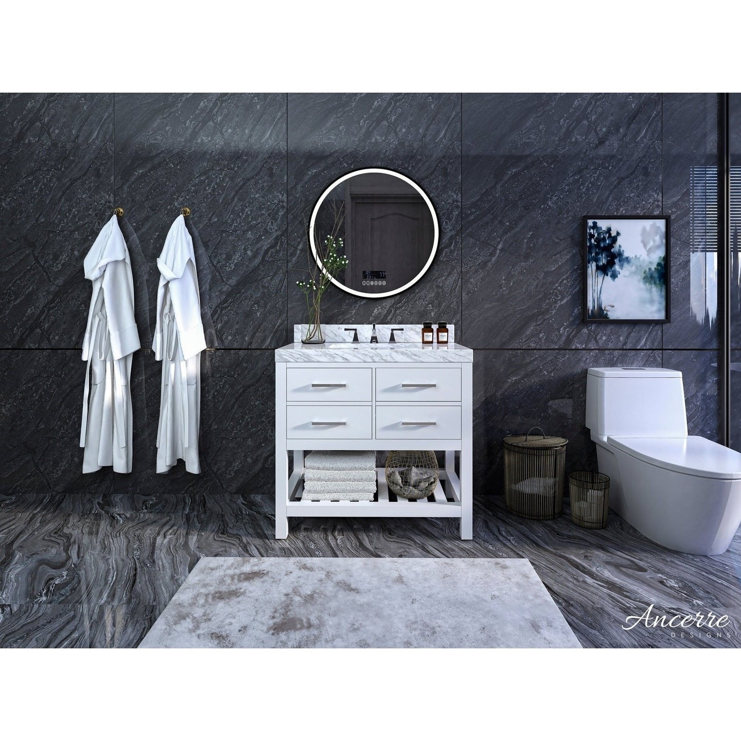 Ancerre Elizabeth Bathroom Vanity with Sink and Carrara White Marble Top Cabinet Set - VTS-ELIZABETH-36-W-CW - ShopHubDepot