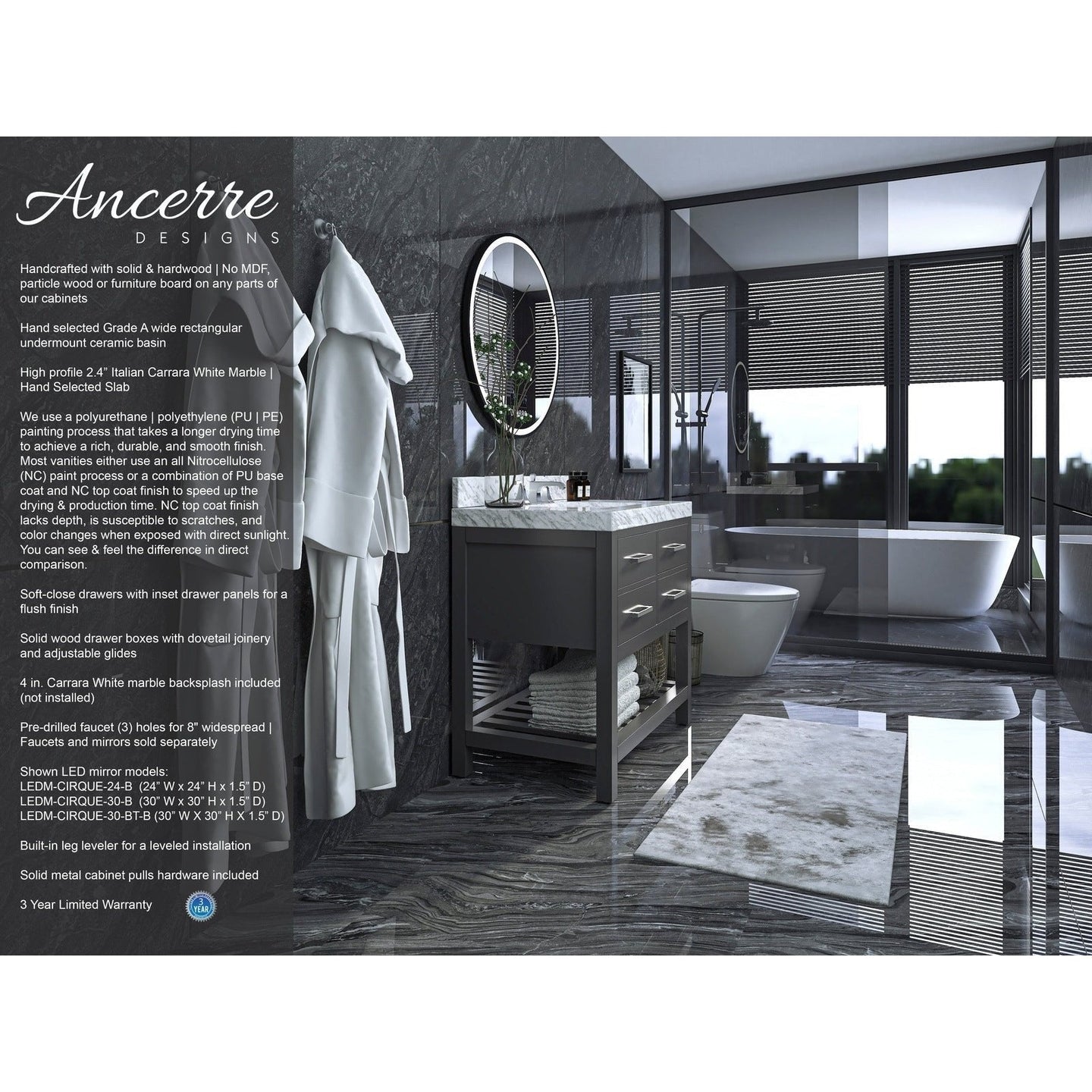 Ancerre Elizabeth Bathroom Vanity with Sink and Carrara White Marble Top Cabinet Set - VTS-ELIZABETH-36-W-CW - ShopHubDepot