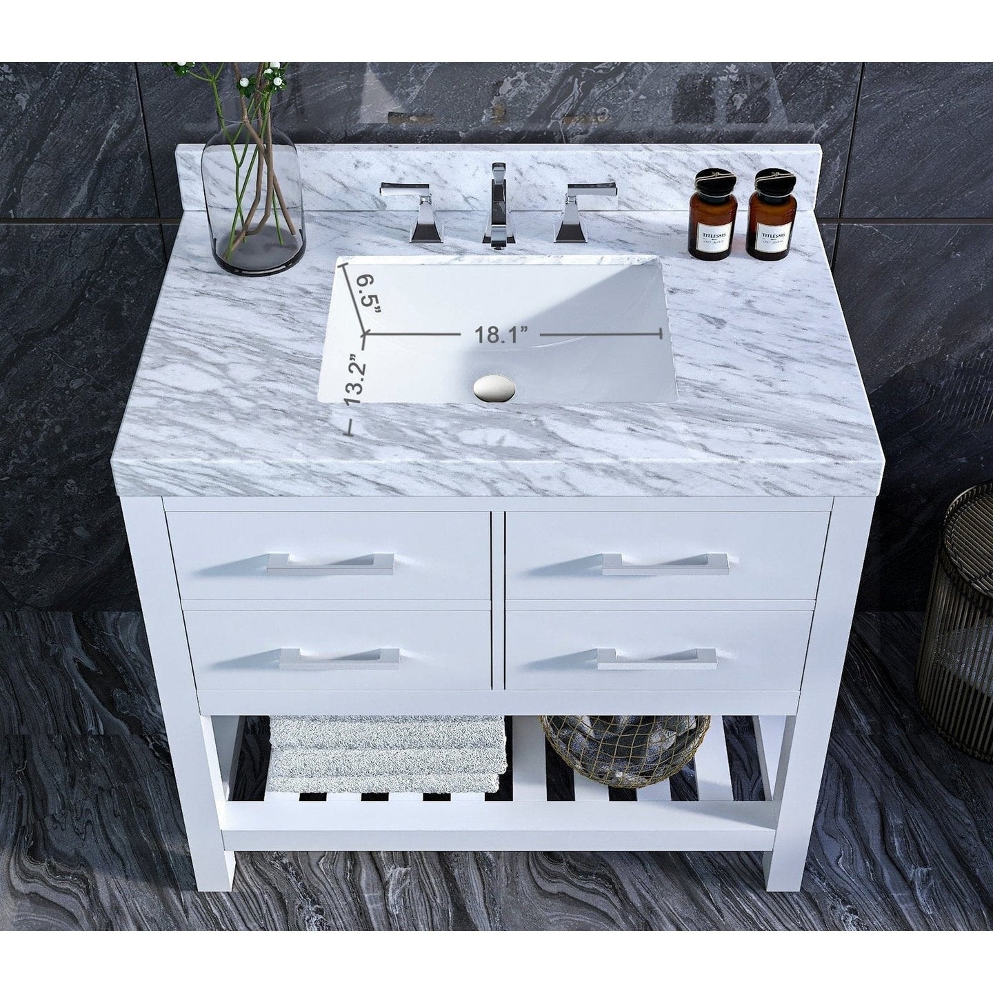 Ancerre Elizabeth Bathroom Vanity with Sink and Carrara White Marble Top Cabinet Set - VTS-ELIZABETH-36-W-CW - ShopHubDepot